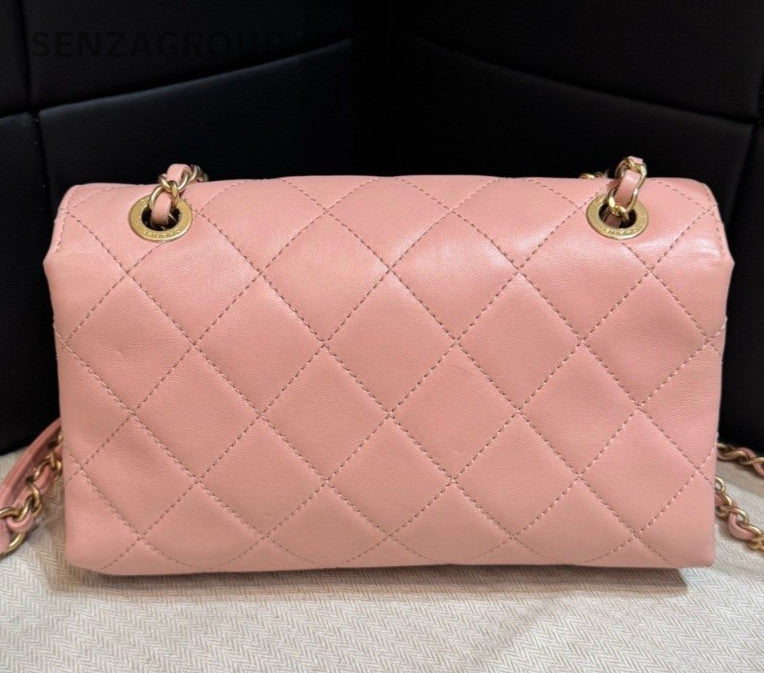 Chanel Calfskin Diamond Chain Shoulder Bag Crossbody Pink Gold Women Classic