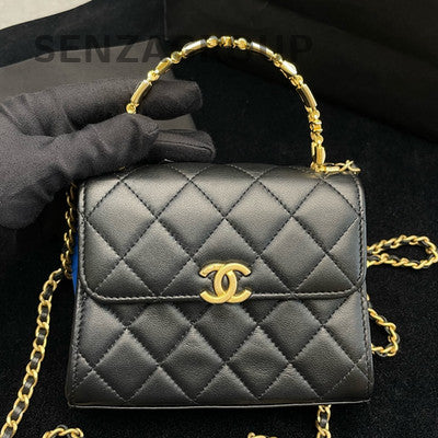 Chanel Enamel Handle Flap Bag Black Gold Hardware Quilted