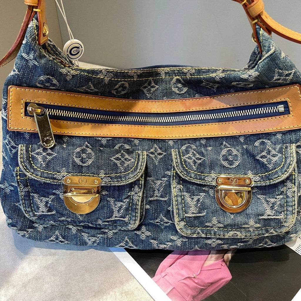 Louis Vuitton Baggy Denim Shoulder Bag Blue Gold Used Women Monogram Vintage