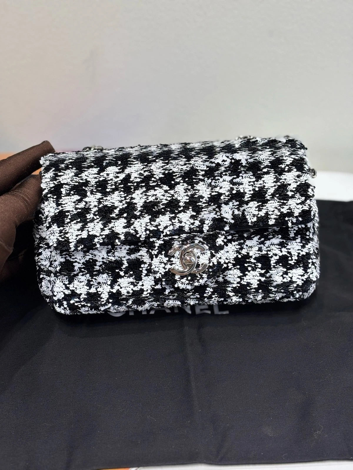 CHANEL CF Large Mini Houndstooth Sequin Shoulder Bag For Women