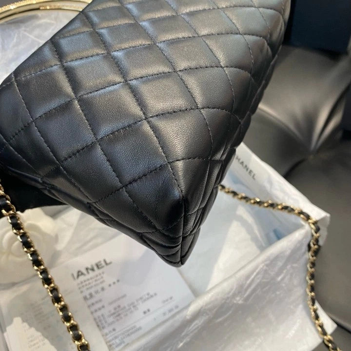 Chanel Clutch With Chain Calfskin Top Handle Crossbody Black Gold Women D