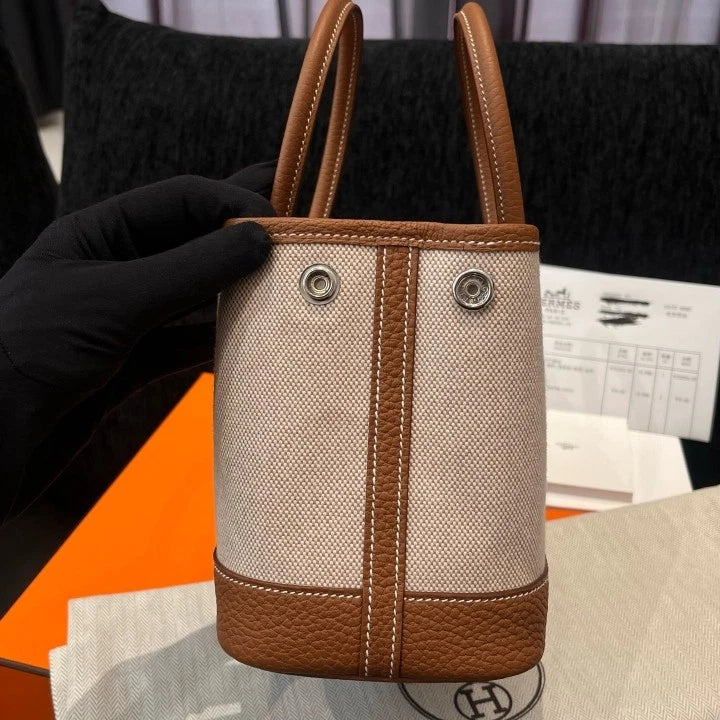 Hermes Garden Party Mini Canvas Tote Top Handle Bag Brown Silver Women Classic D
