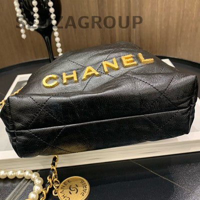 Chanel Black Gold 22 Bag Mini Pearl Chain Shoulder Crossbody Bag Quilted