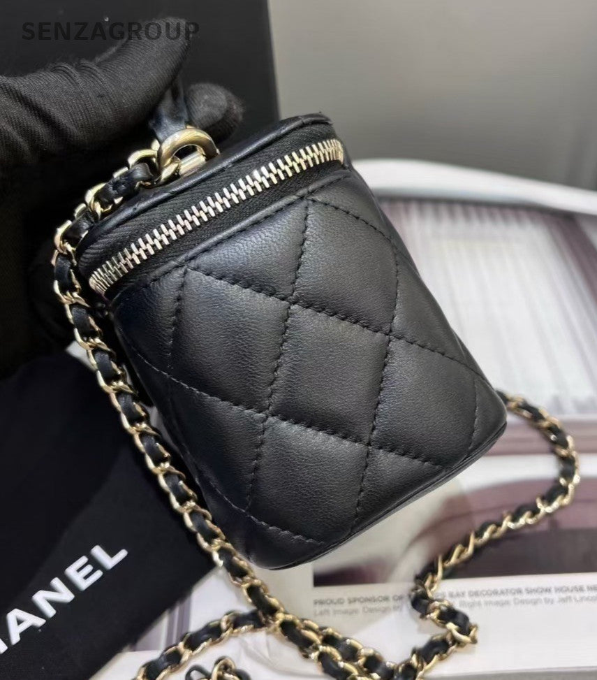 CHANEL Vanity mini Lambskin Top Handle Chain Shoulder Handbag Black Gold Women