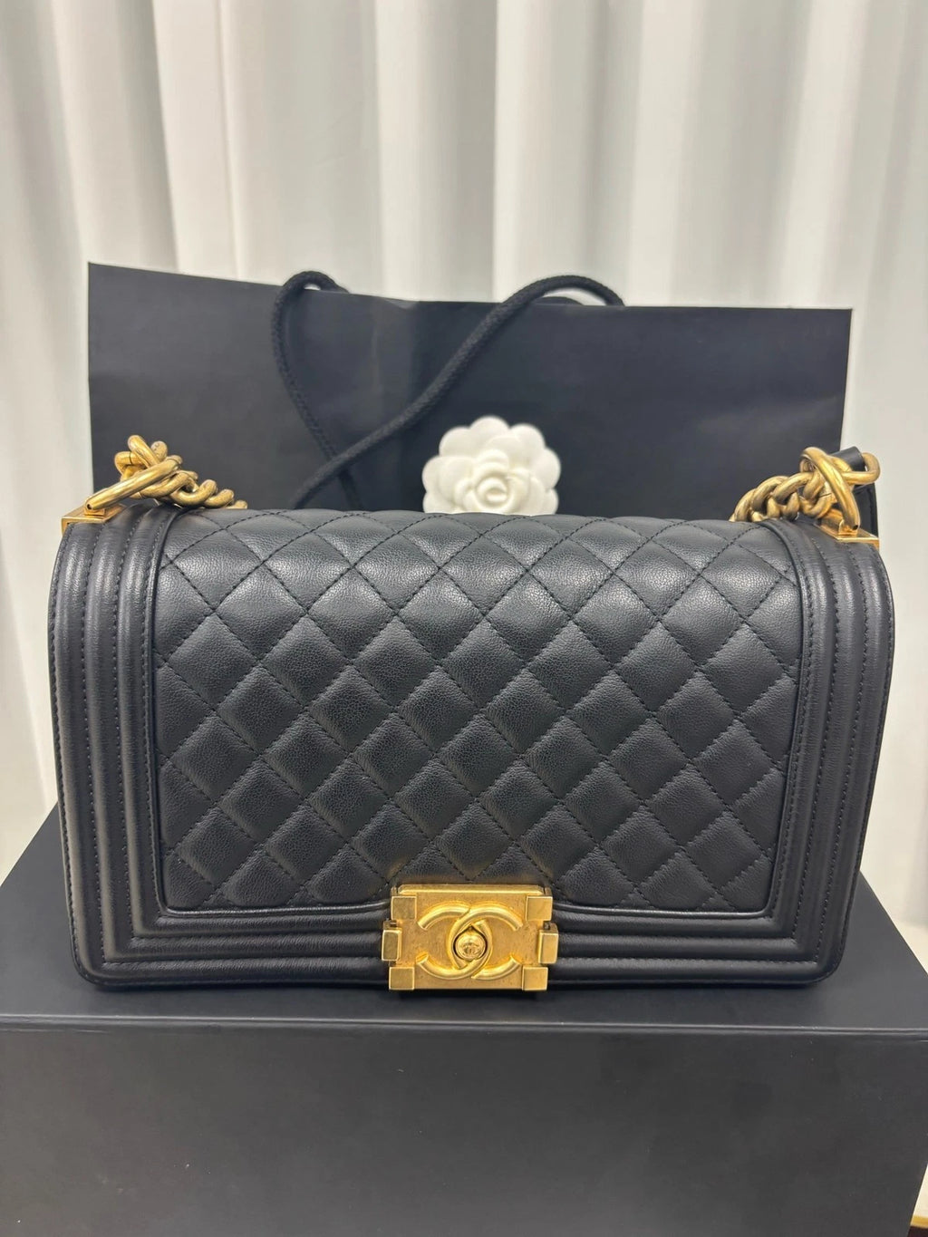CHANEL Leboy Medium Black Gold Calfskin Shoulder Bag For Women