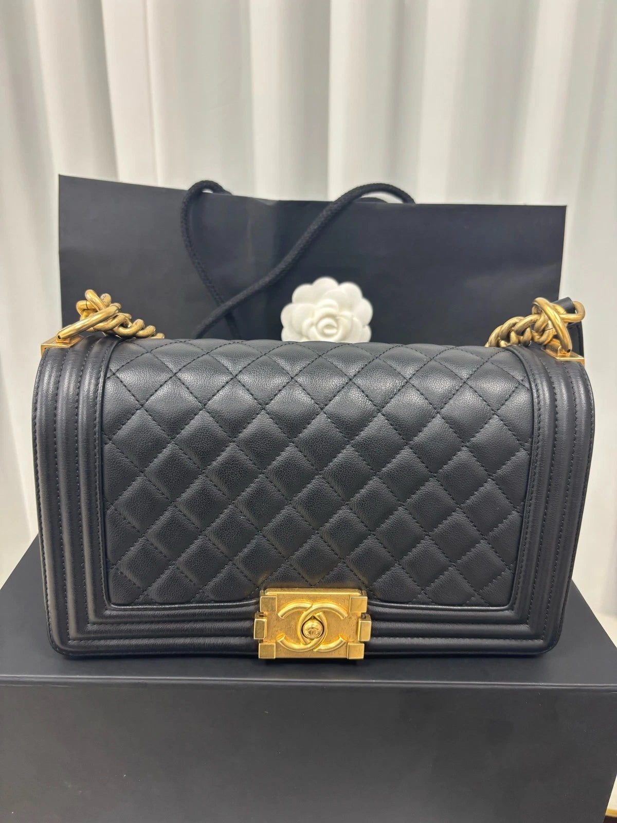 CHANEL Leboy Medium Black Gold Calfskin Shoulder Bag For Women