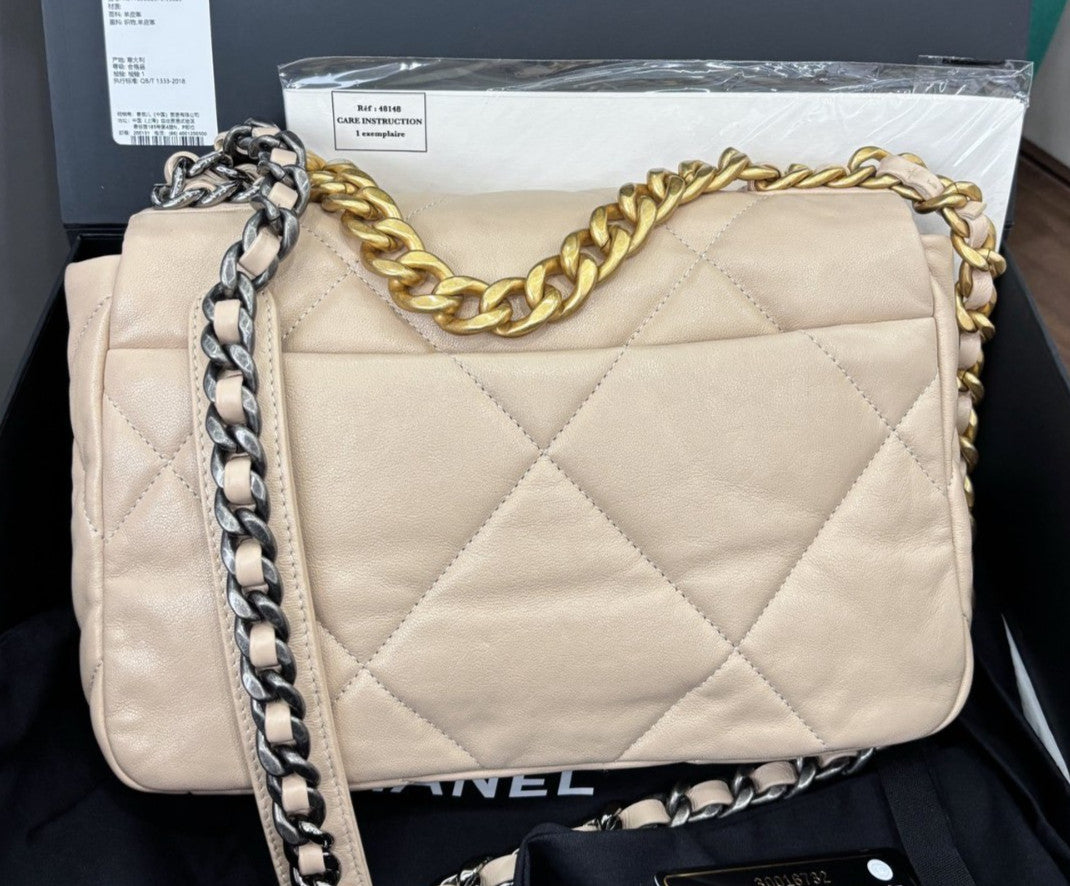 Chanel 19Bag PM Chain Shoulder Bag Crossbody Beige Gold Women Classic Fashion
