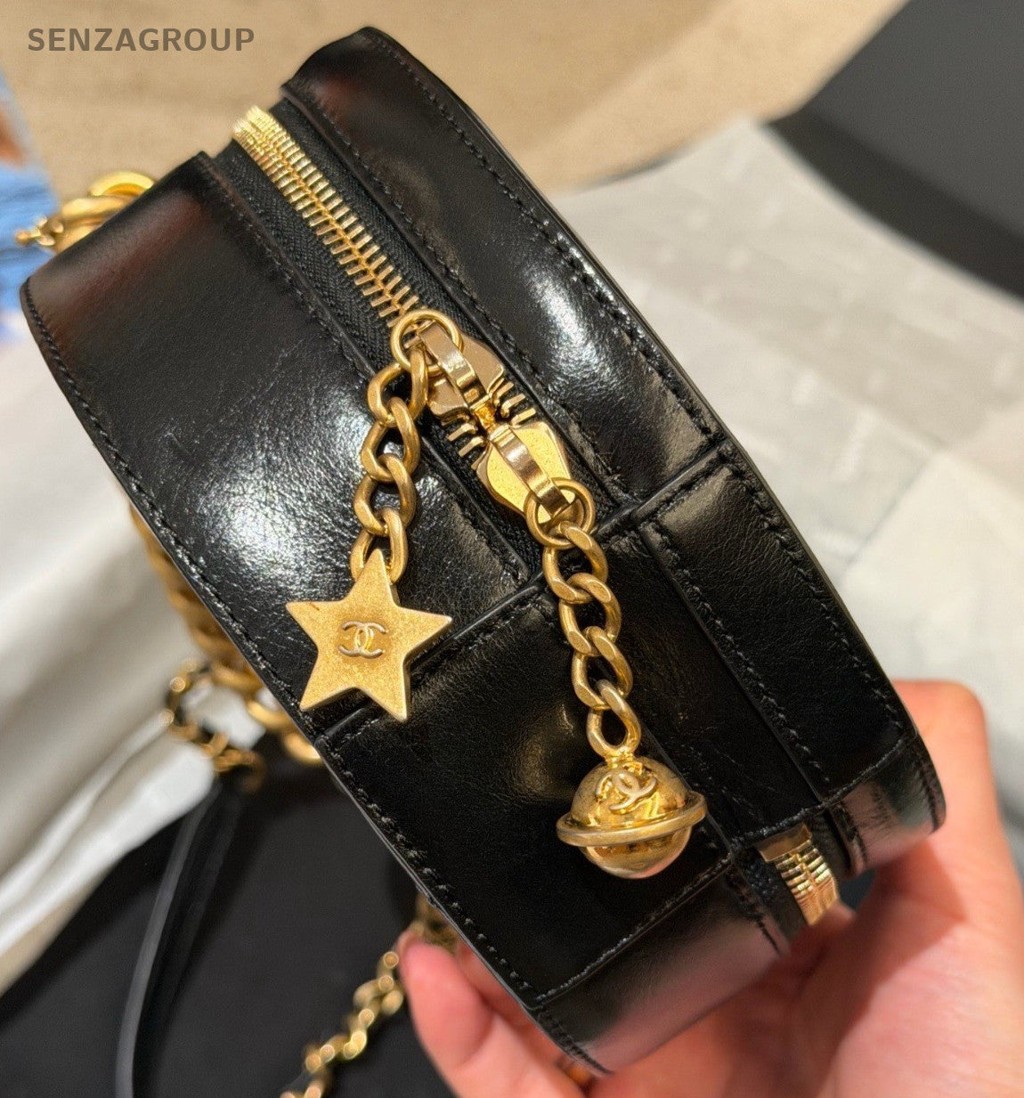 Chanel CC Logo Calfskin Chain Top Handle Bag Crossbody Black Gold Women Classic