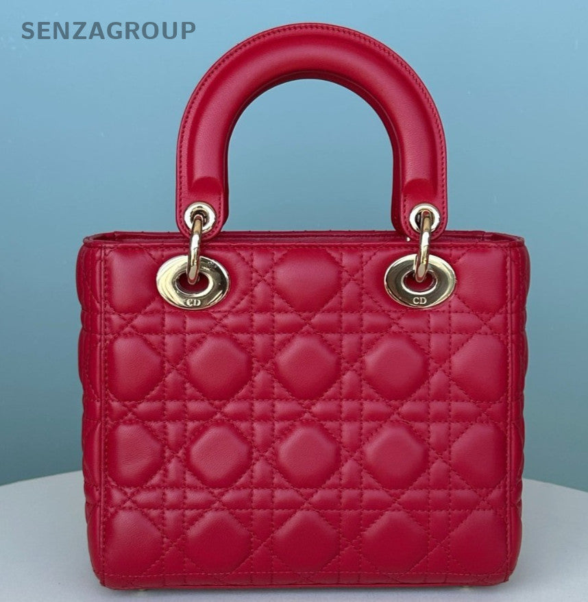 Christian Dior Lady Dior 2Way Top Handle Bag Crossbody Red Gold Women Classic