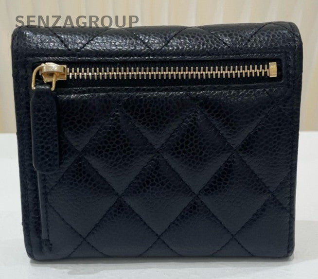 Chanel Diamond PM Calfskin Wallet Black Gold Used Women Classic