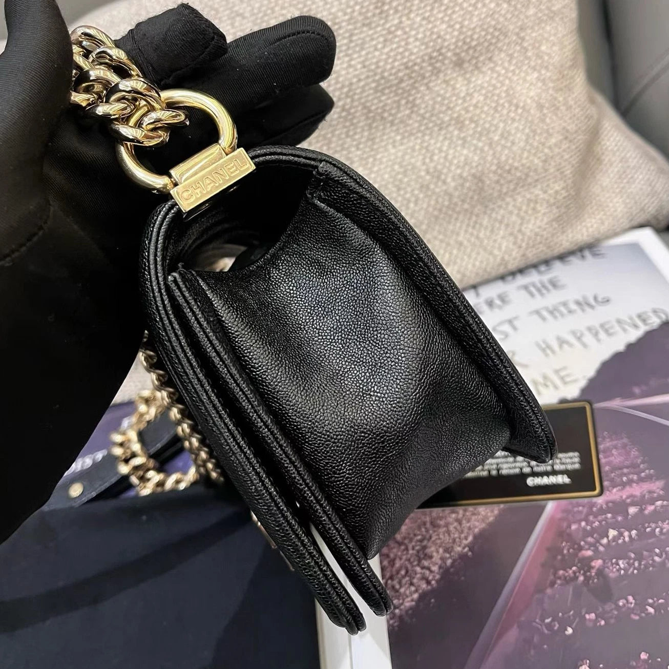Chanel Leboy PM Calfskin Chain Shoulder Crossbody Black Gold Chevron Women