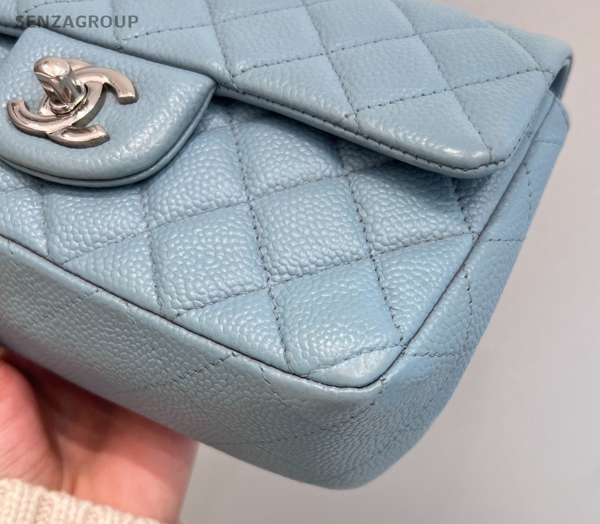 Chanel Classic Flap Mini Calfskin Chain Shoulder Bag Crossbody Blue Silver Women