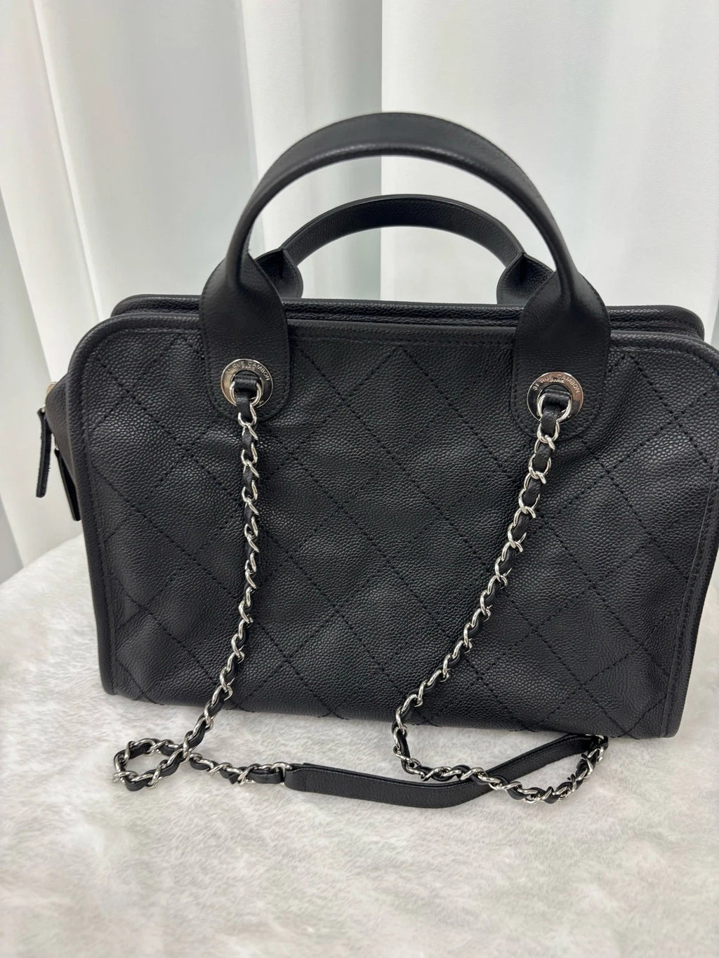 Authentic CHANEL Black Leather Big Logo Bowling Bag for Women
