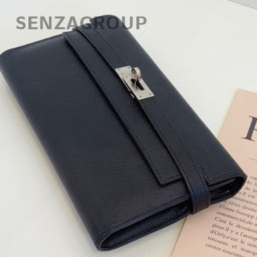 Hermes Kelly Long Wallet Clutch Lambskin Black Silver Used Women Classic