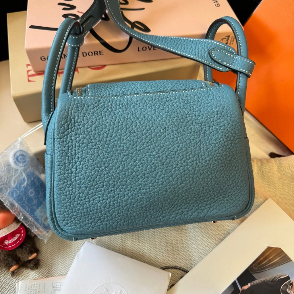 Hermes Mini Lindy Denim Blue Silver Crossbody Bag For Women
