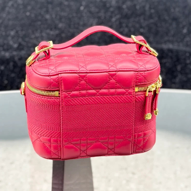 Christian Dior Travel Bag Calfskin Vanity Case Top Handle Bag Red Gold Women S
