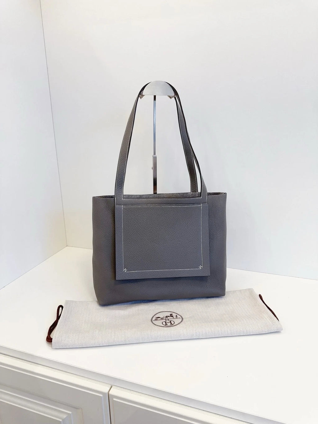 Authentic Excellent Hermes Cabasellier31 Calfskin Tote Top Handle Bag Grey