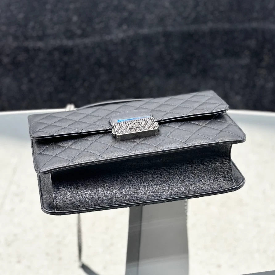 New Chanel Handle Box Bag Black Goatskin Top Handle Bag Silver Hardware