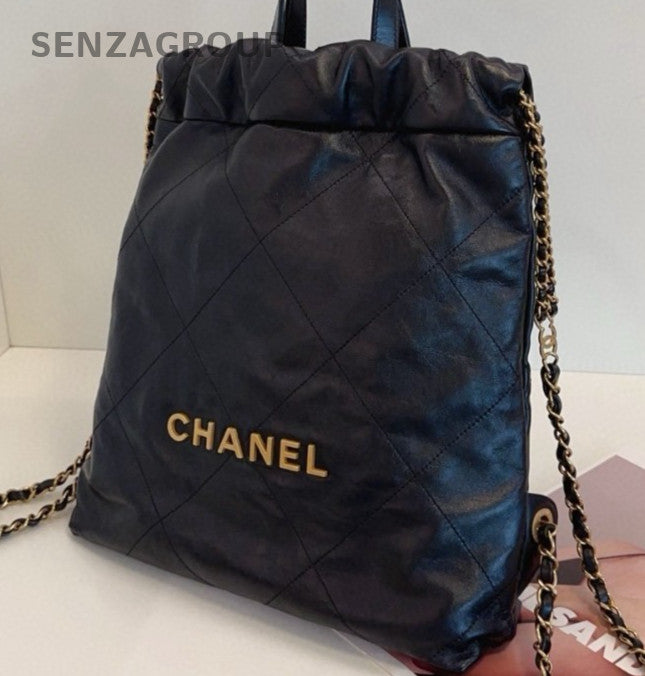 Chanel 22Bag PM Diamond Chain Backpack Black Gold Women Classic