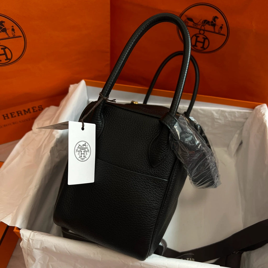 Hermes Lindy26 Top Handle Shoulder Bag Black Gold Women Classic Fashion