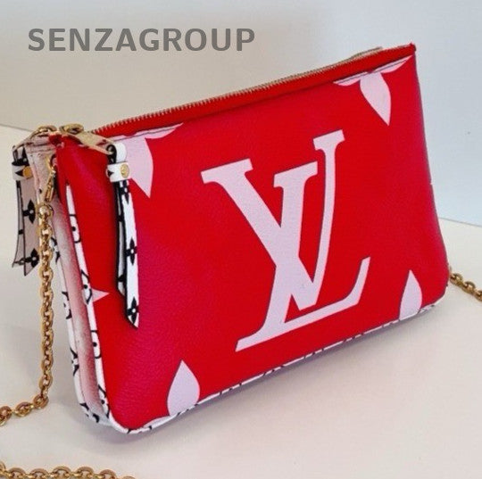 Louis Vuitton Pochette Double Zip Chain Shoulder Bag Red Gold Women Classic