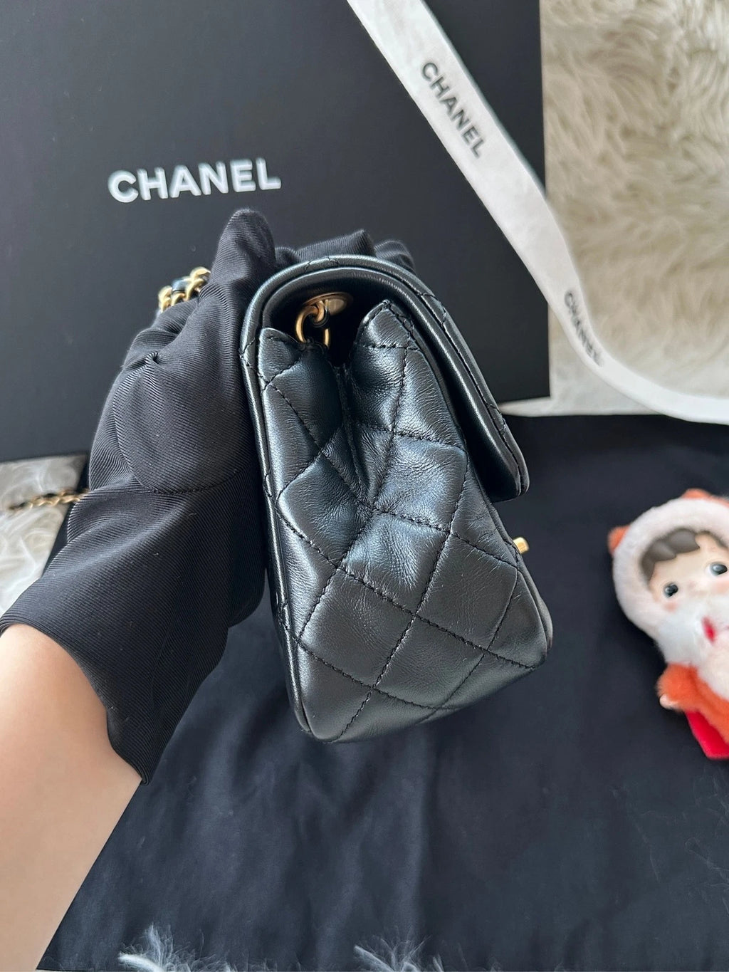 CHANEL Black Lambskin Gold Chain Square Crossbody Bag For Women