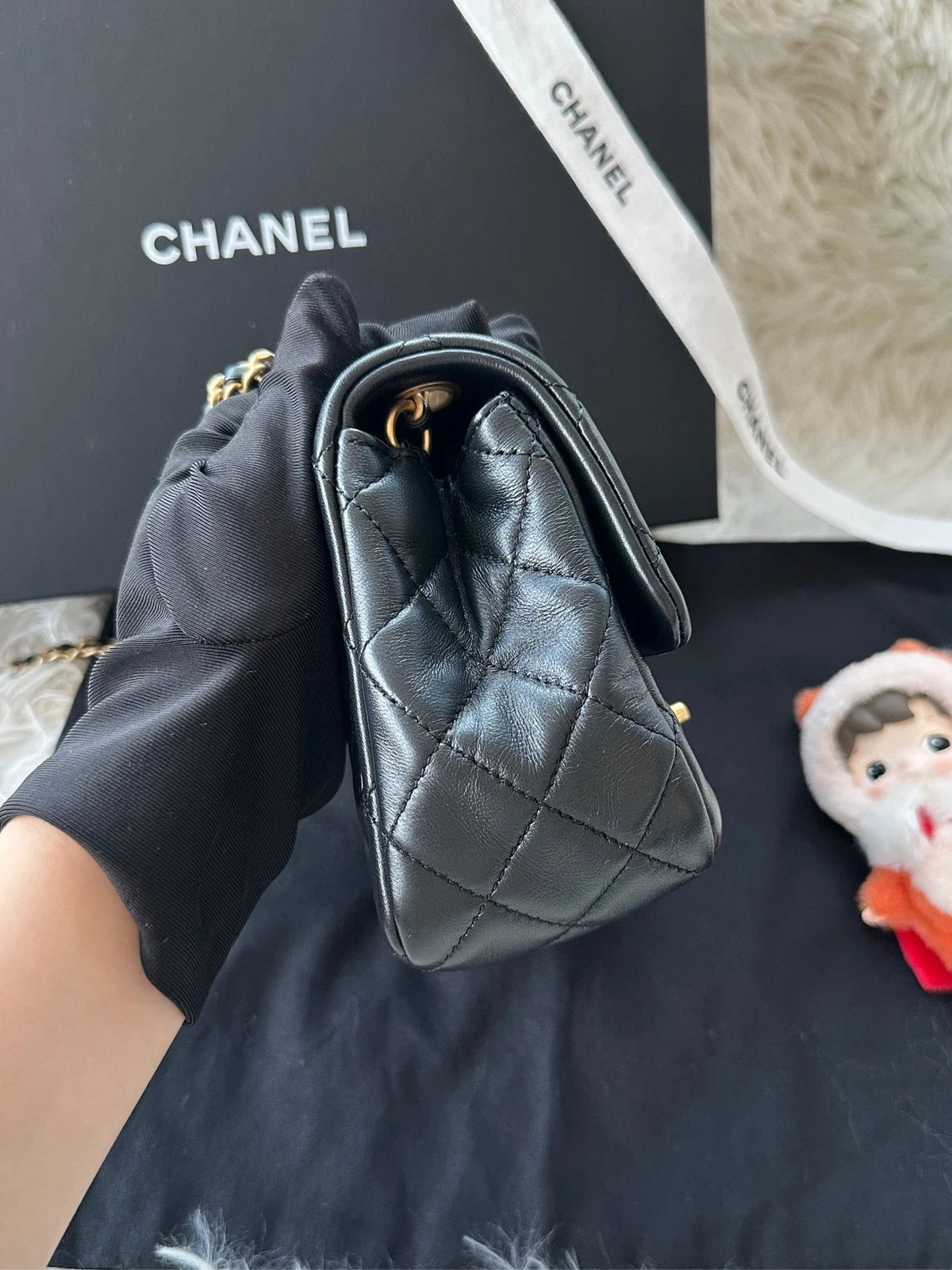 CHANEL Black Lambskin Gold Chain Square Crossbody Bag For Women