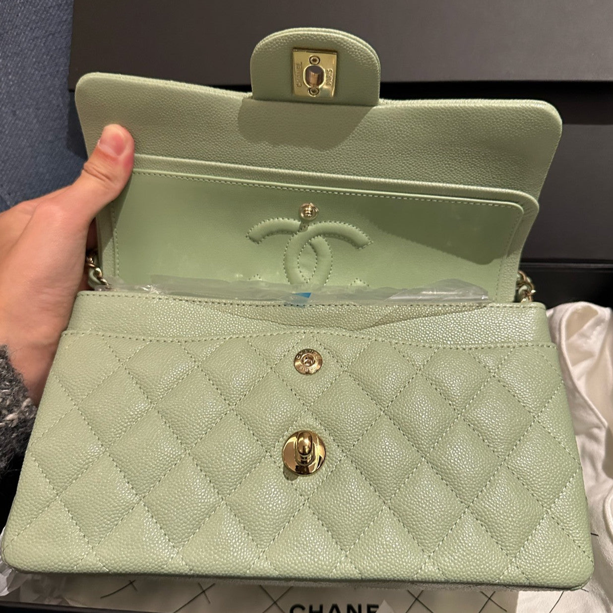 Chanel Classic Flap Small Green Quilted Gold Chain Shoulder Bag
