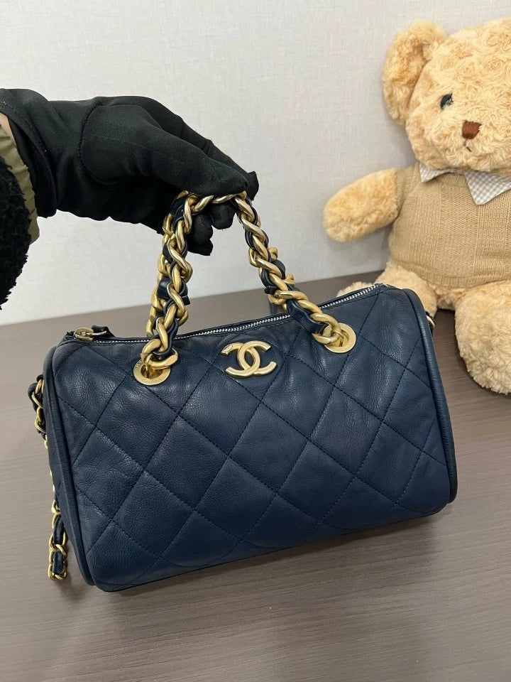 CHANEL 21B Blue Bowling Boston Handbag Shoulder Bag For Women