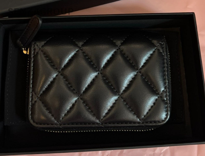 CHANEL Diamond pattern Wallet Black Gold Women Almost Brand NEW