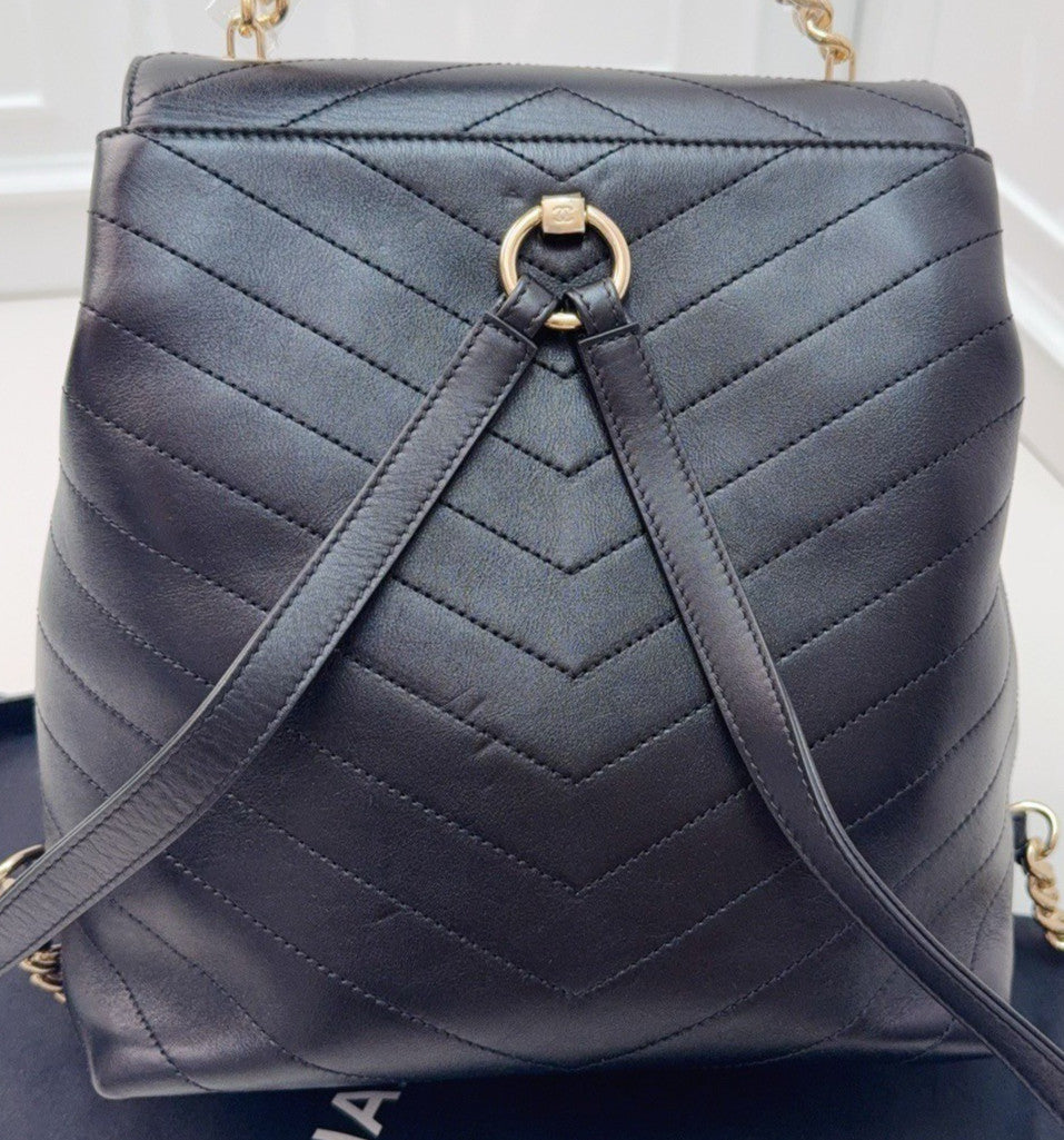 Chanel Calfskin Chain Backpack Black Gold Used Women Classic Vintage