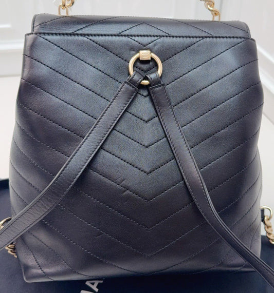 Chanel Calfskin Chain Backpack Black Gold Used Women Classic Vintage
