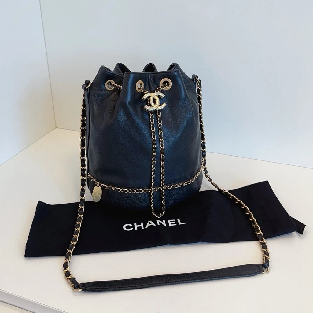 Chanel Greece Line Bucket Soft Calfskin Crossbody Bag Black Gold Women