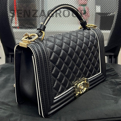 Chanel Le Boy Medium Black Gold Quilted Chain Shoulder Bag Classic