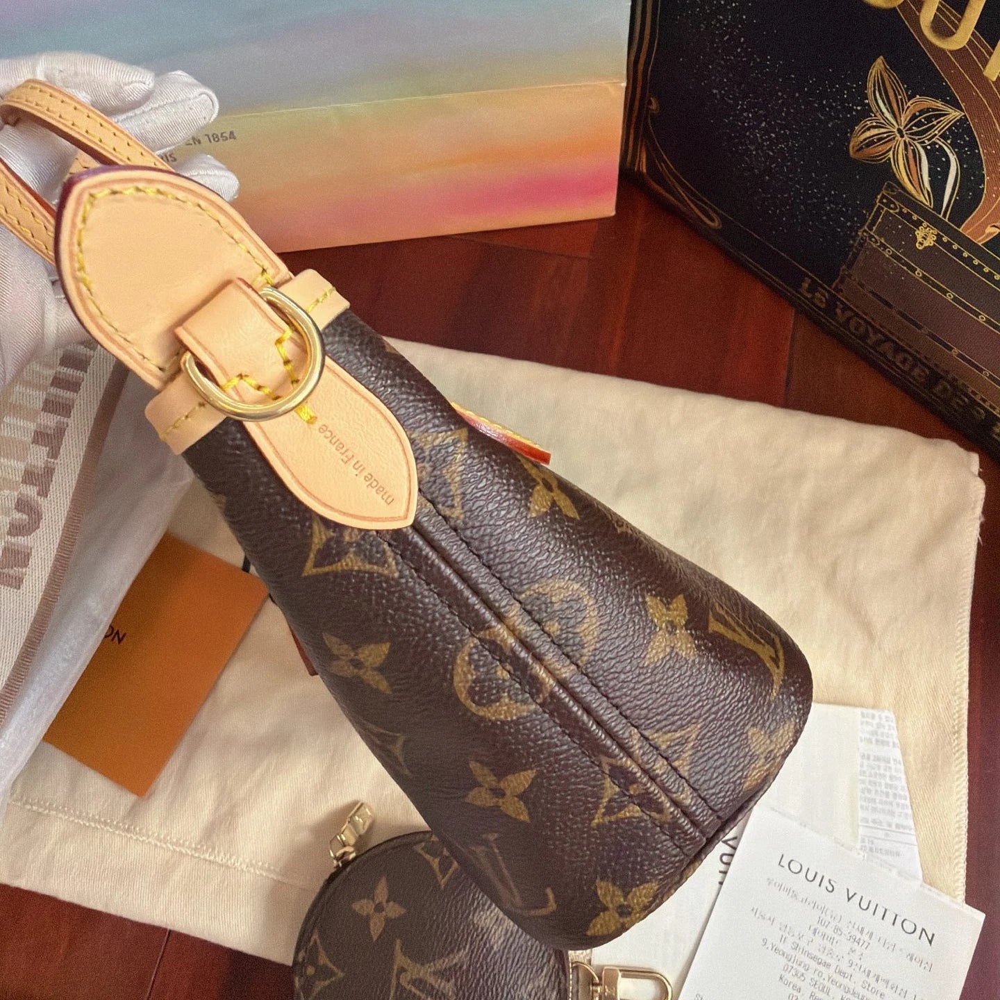 Excellent Louis Vuitton Neverfull BB Monogram Beige Strap Handbag Crossbody