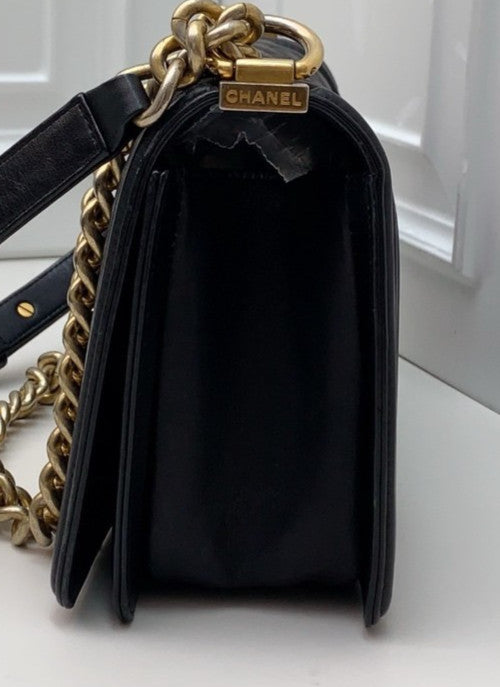 Chanel Leboy Calfskin Chain Shoulder Bag Black Gold Women Classic Diamond