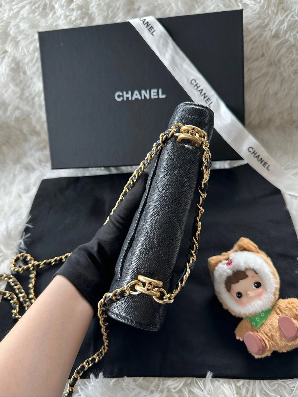 CHANEL Black Leather WOC Shoulder Handbag Crossbody For Women