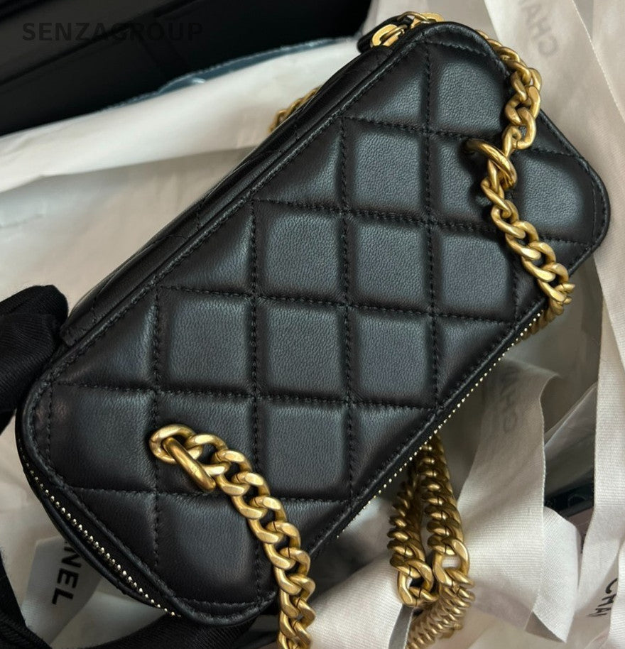 Chanel 23S Lambskin Chain Crossbody Black Gold Diamond Women Classic Fashion