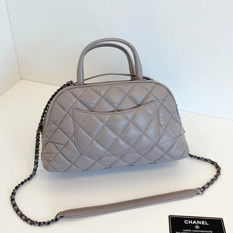 Authentic Chanel Bowling PM Chain Oil Wax Top Handle Shoulder Bag Grey SHD