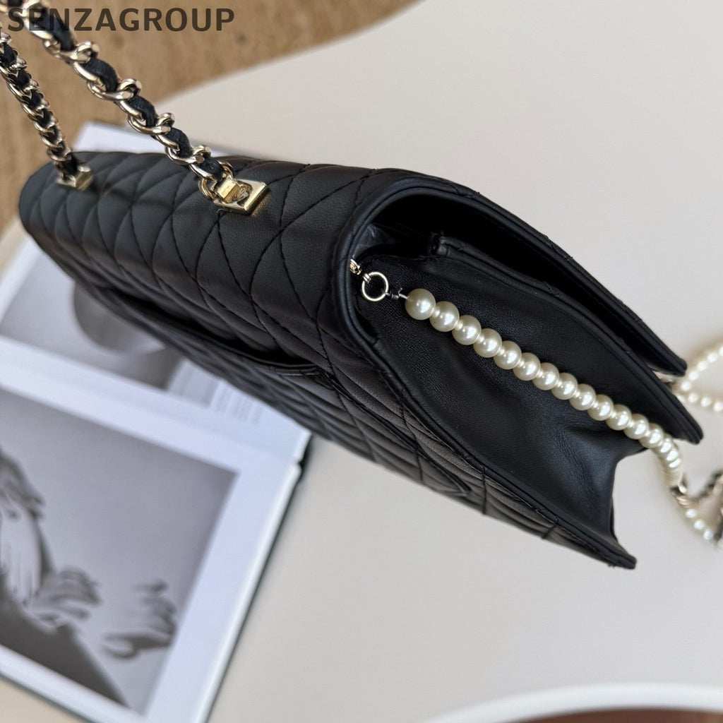 Chanel WOC Diamond Pearl Chain Shoulder Crossbody Black Gold Women Classic
