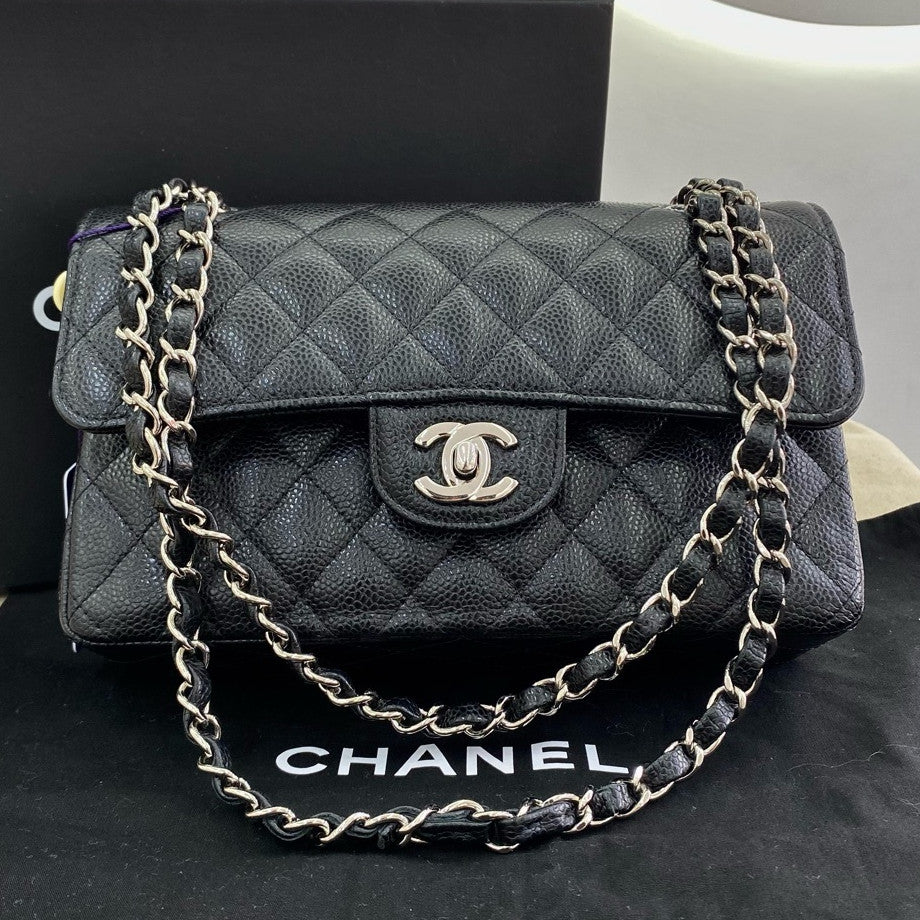 Chanel Classic Flap Small Black Calfskin Silver Chain Shoulder Crossbody Bag