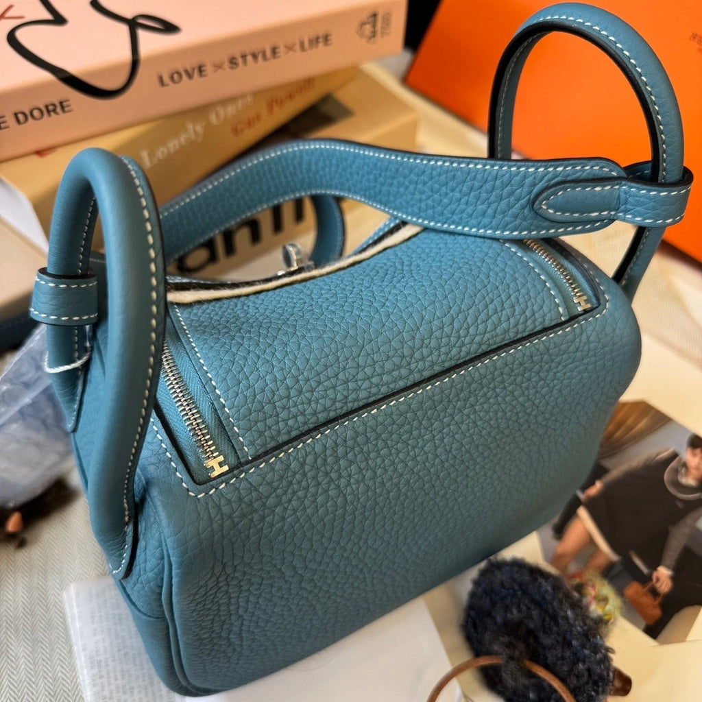 Hermes Mini Lindy Denim Blue Silver Crossbody Bag For Women