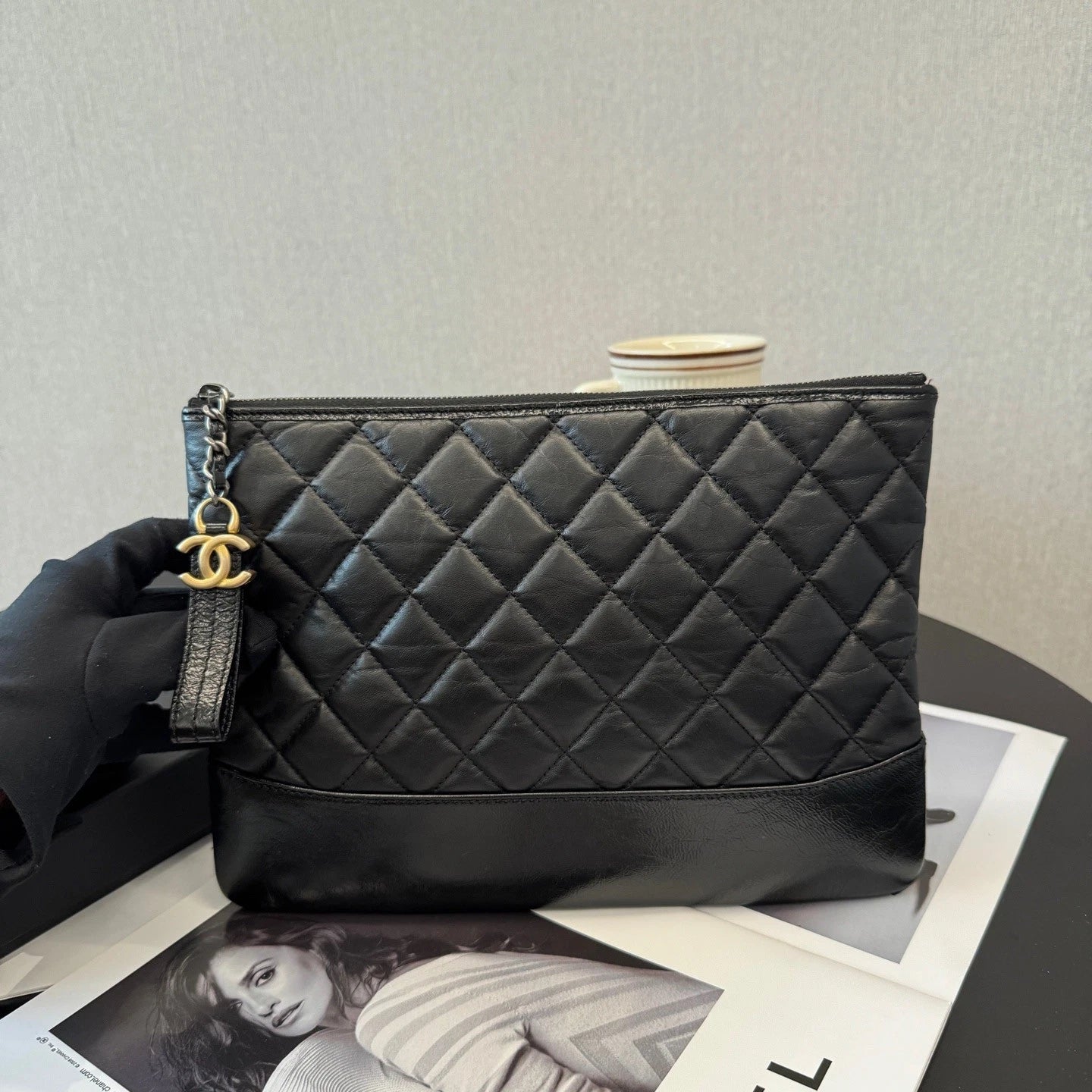Authentic Chanel Calfskin MM Diamond Black Clutch Bag Gold Hardware