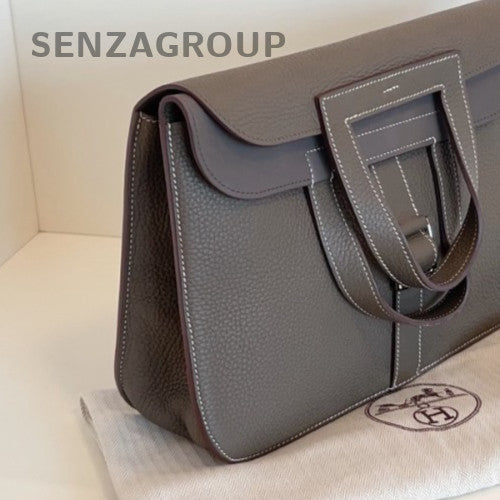 Hermes Halzan Top Handle Bag Crossbody Gray Silver Women Classic