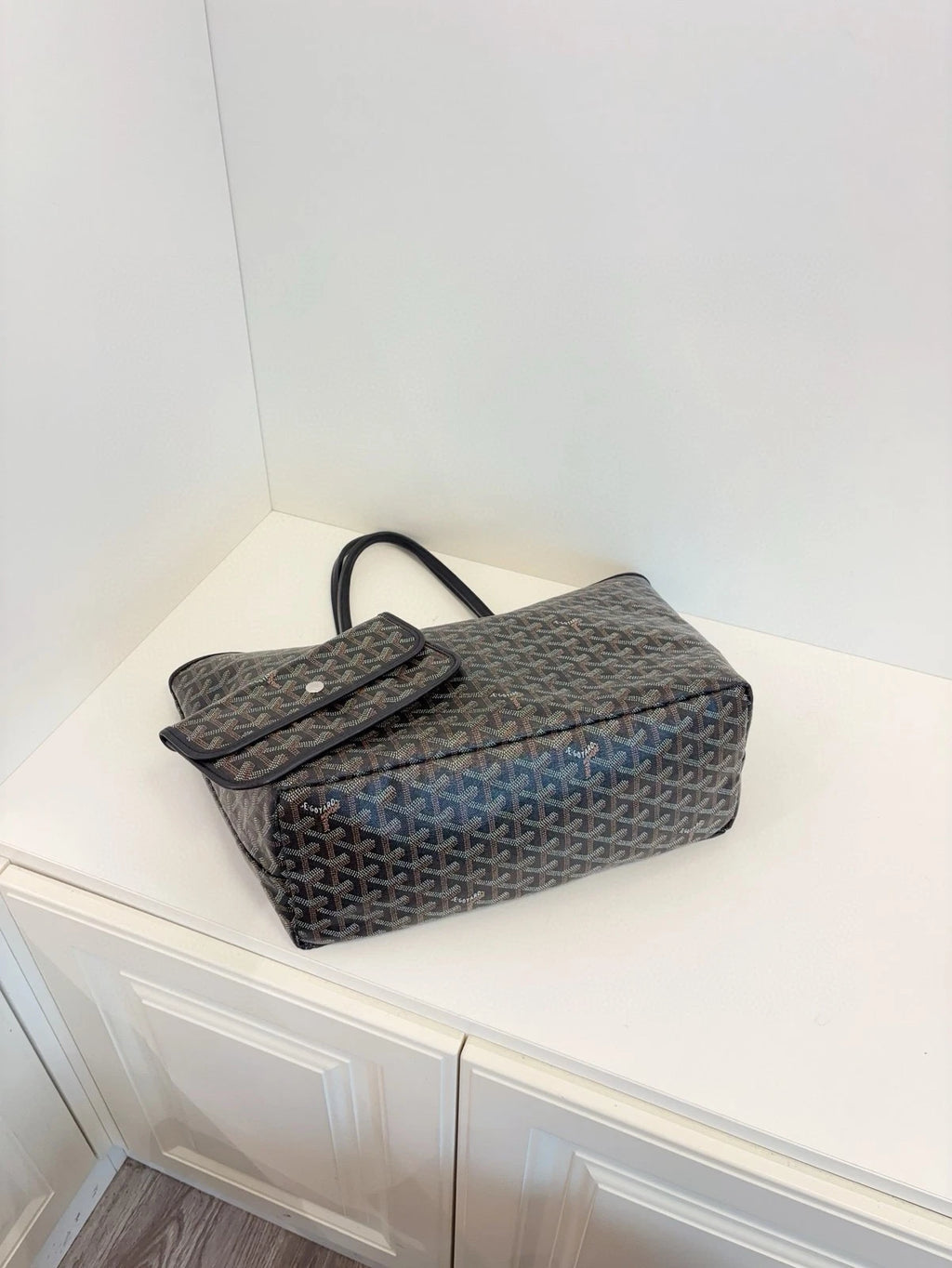 Goyard Saint Louis PM Tote Bag Black Coated Canvas Leather Trim Pouch Included
