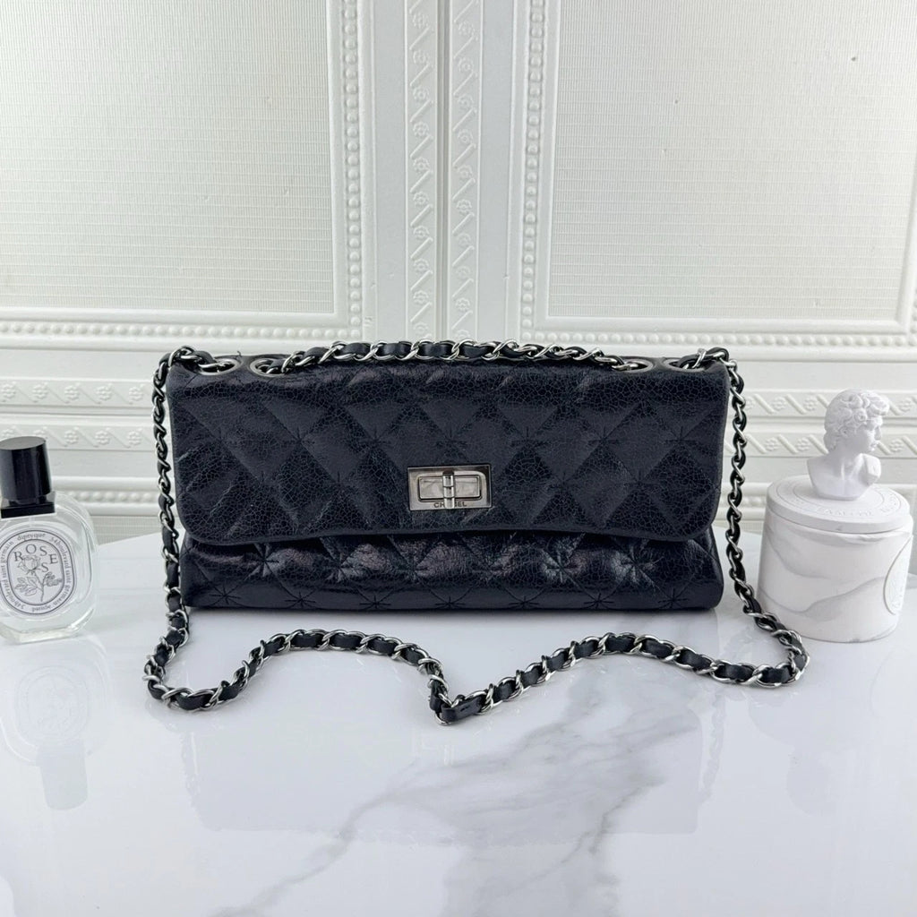 CHANEL 2.55 Baguette Shoulder Bag Black Silver Hardware For Women