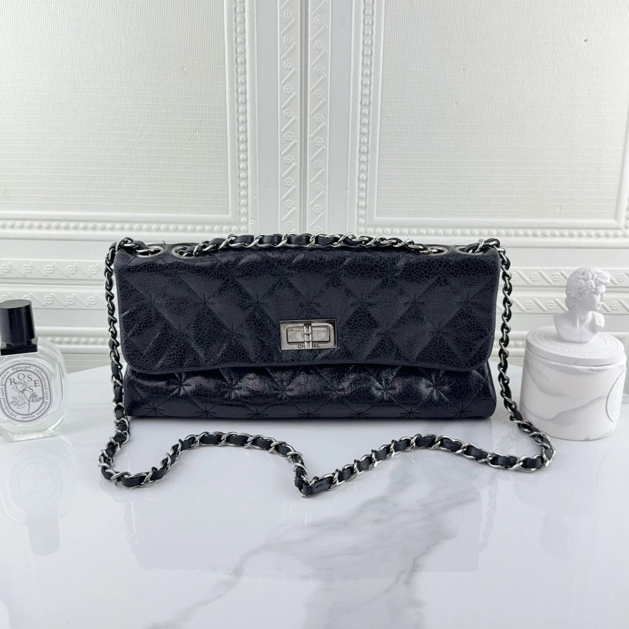 CHANEL 2.55 Baguette Shoulder Bag Black Silver Hardware For Women