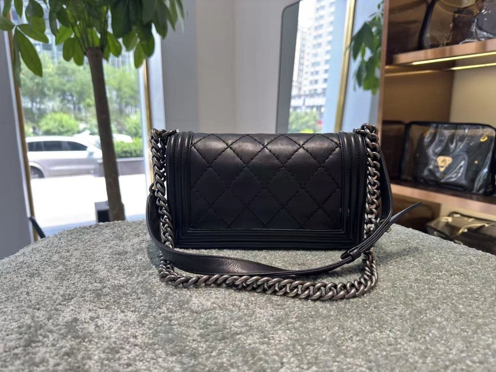 CHANEL Medium Leboy Black Silver Leather Shoulder Bag For Women