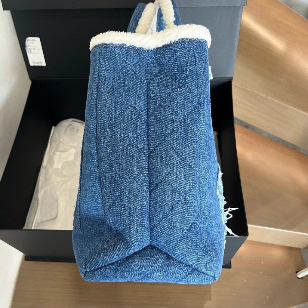 Chanel Denim Shearling Tote Top Handle Bag Shoulder Bag Blue Women