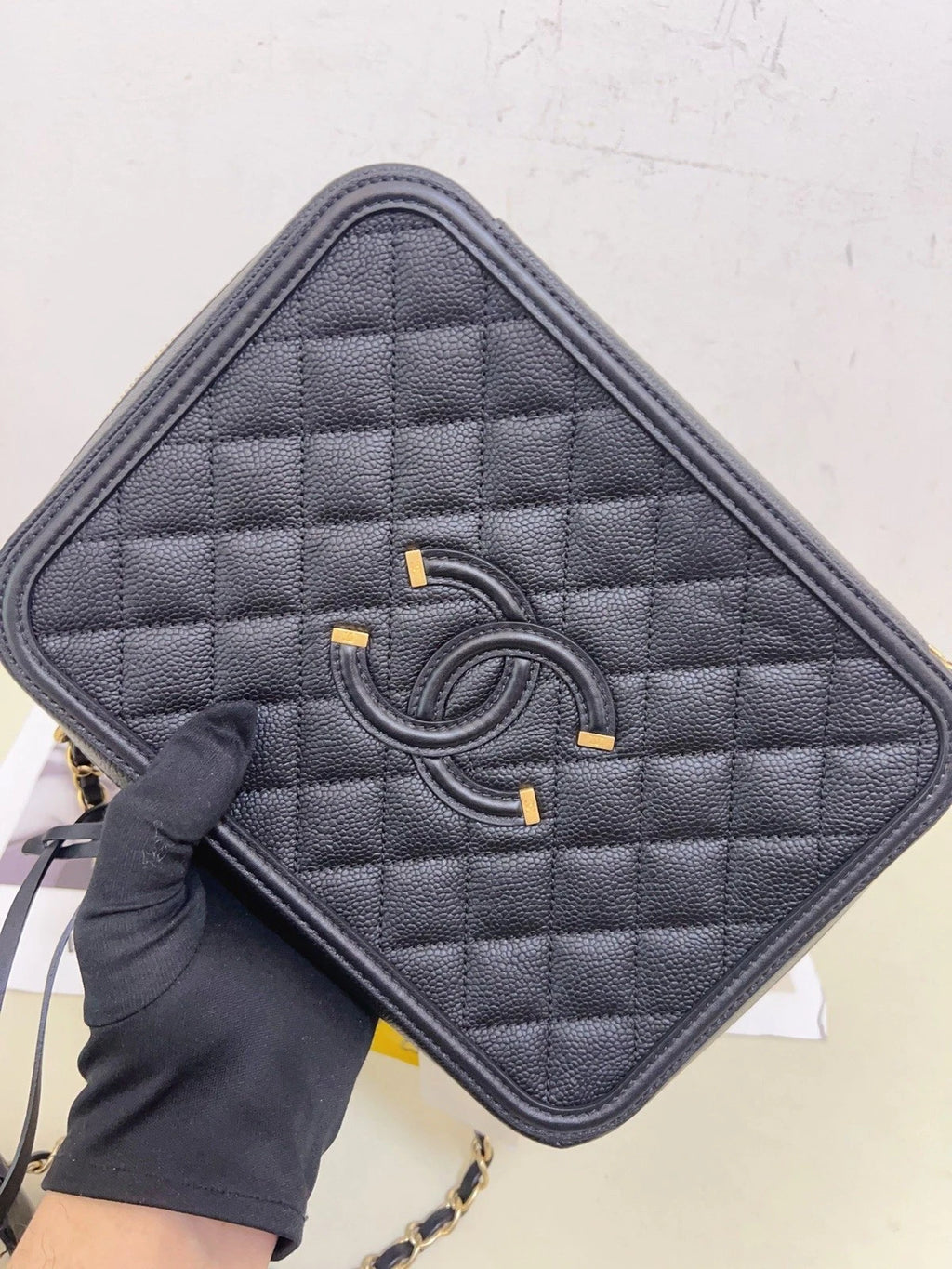 Chanel Calfskin Diamond Camera Bag Chain Crossbody Top Handle Bag Black